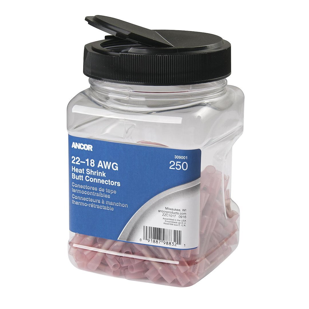 Ancor 22-18 AWG Heat Shrink Butt Connector - 250-Pieces - Jar [309001]